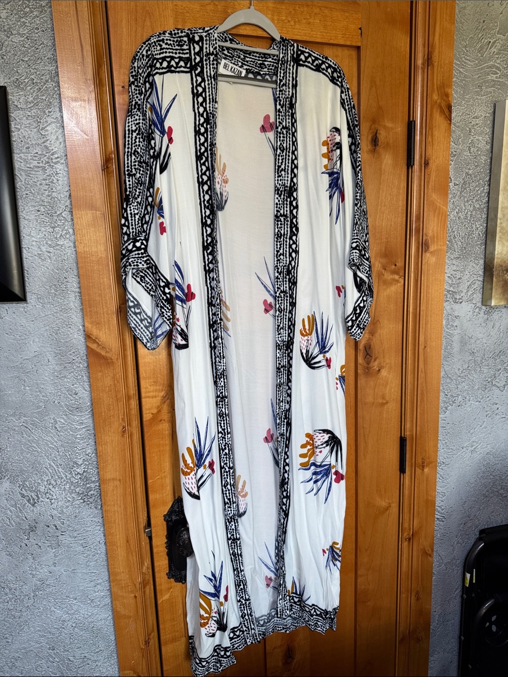 Bel Kazan Boho Floral Maxi Kimono - White with Multicolor Print